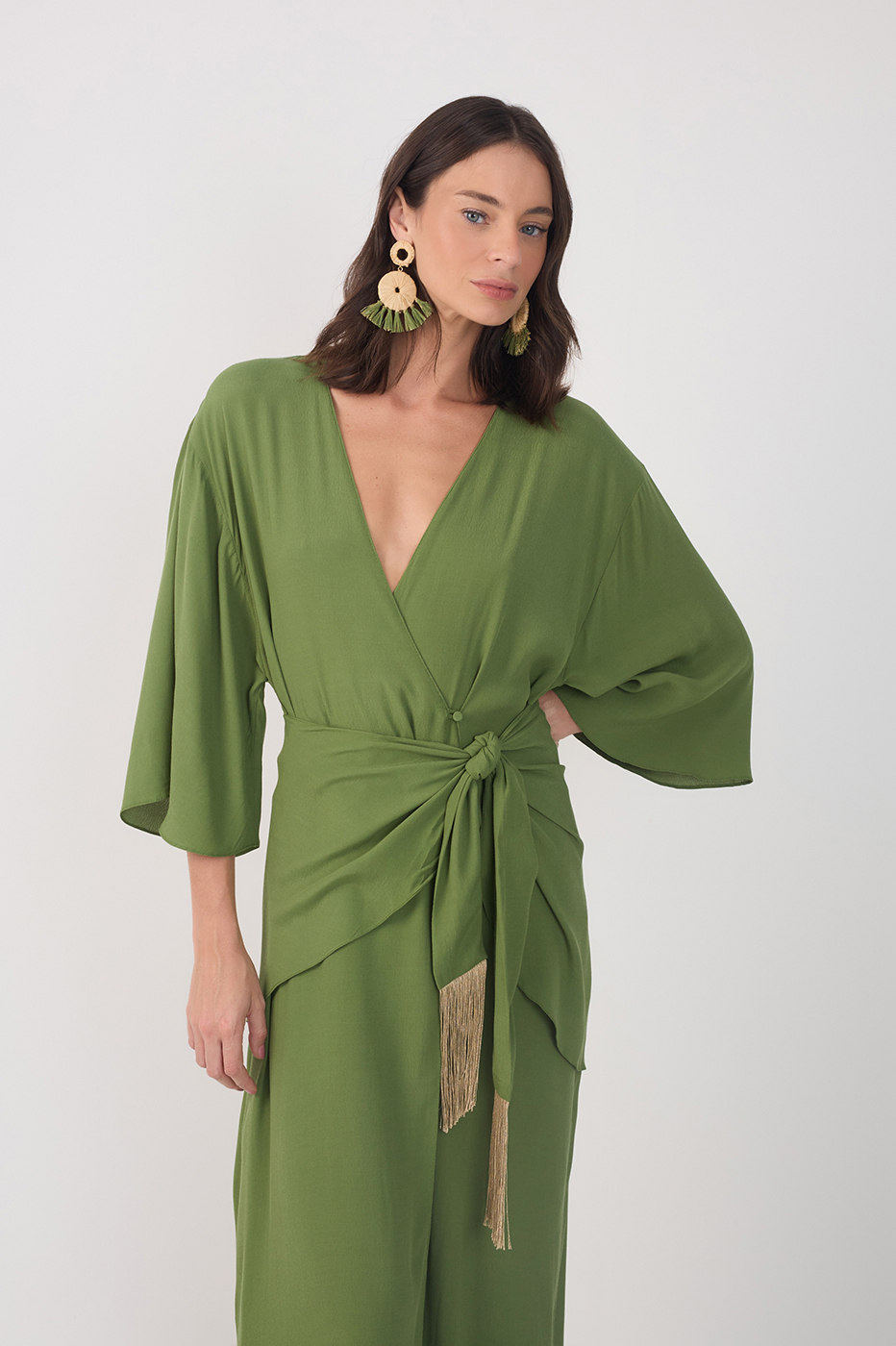 Green V Neck Wrap Long Sleeve Midi Dress_3