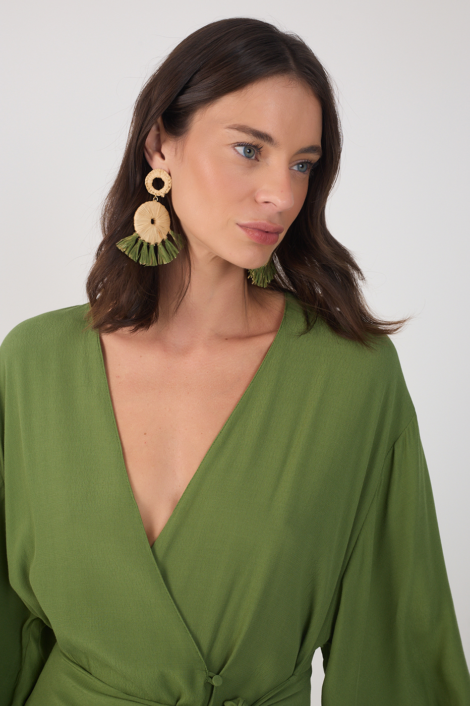 Green V Neck Wrap Long Sleeve Midi Dress_4