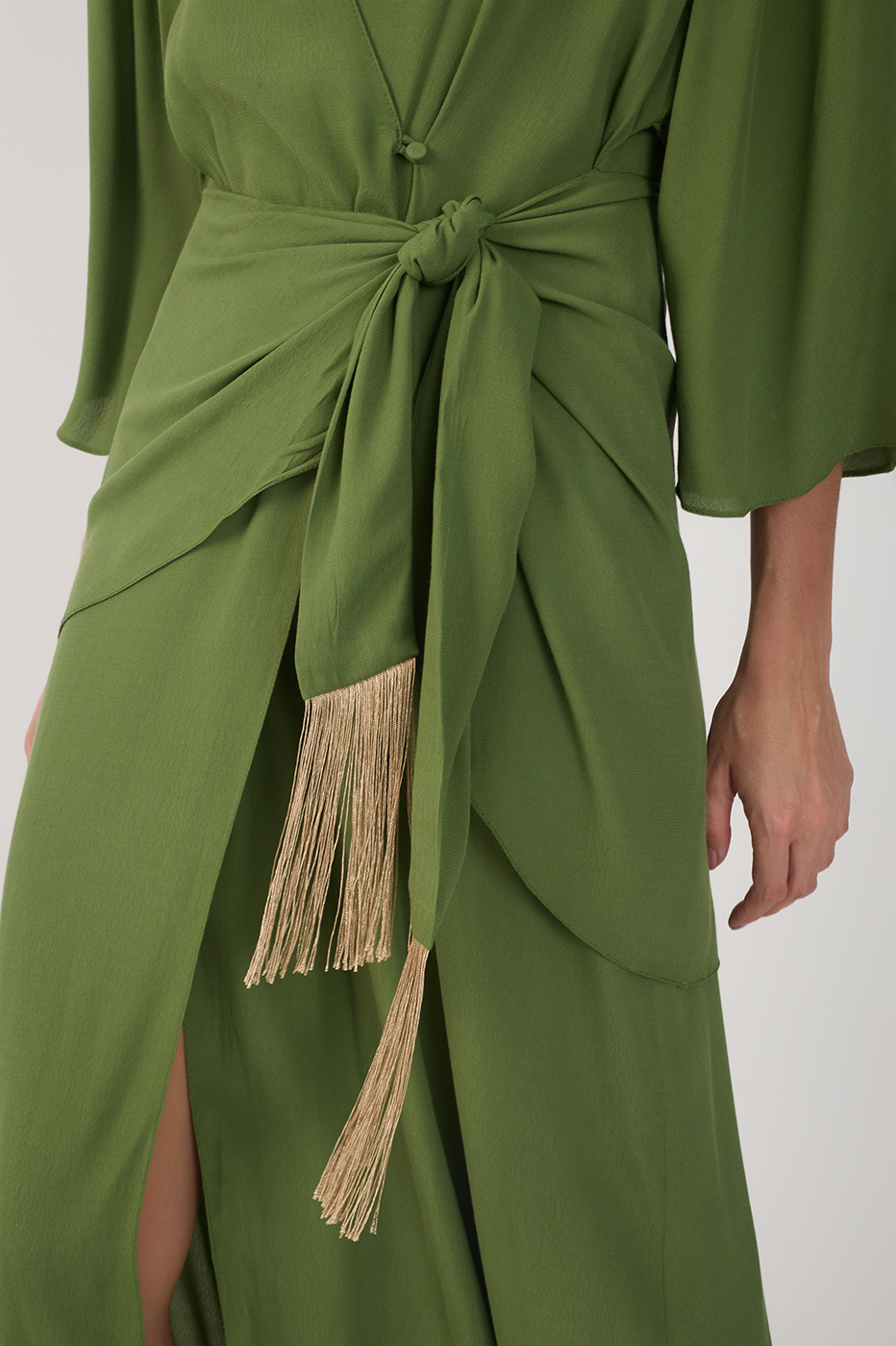 Green V Neck Wrap Long Sleeve Midi Dress_5