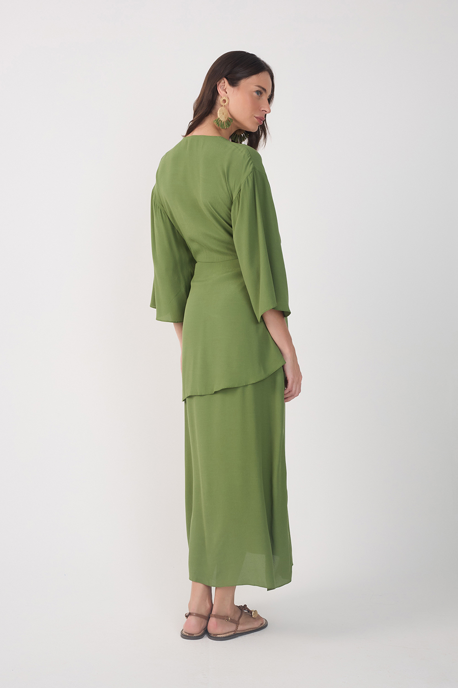 Green V Neck Wrap Long Sleeve Midi Dress_6