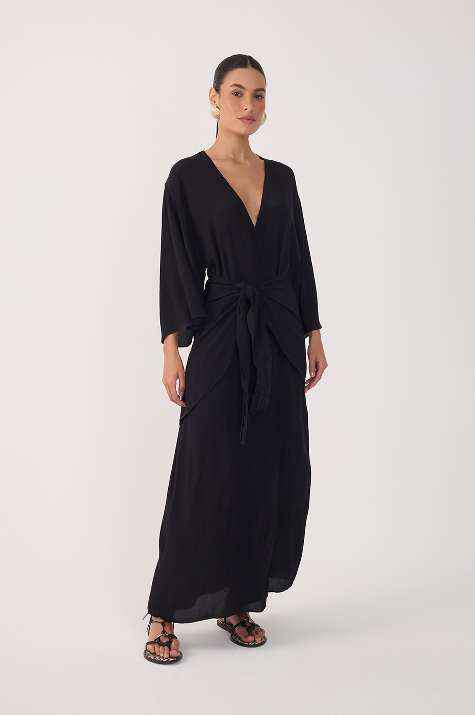 Black V Neck Wrap Long Sleeve Maxi Dress_2