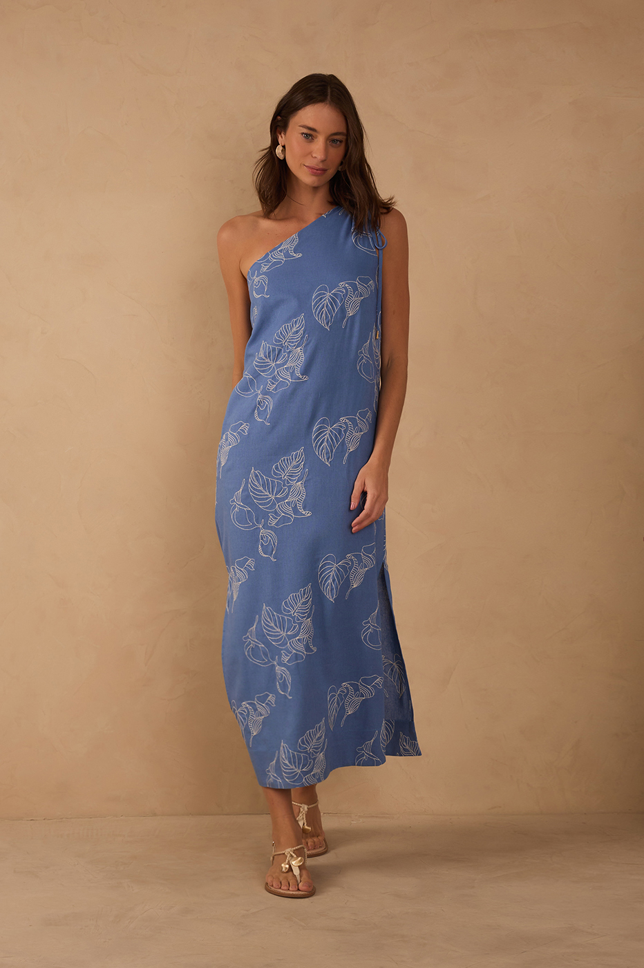 Blue One-Shoulder Embroidered Maxi Dress_1