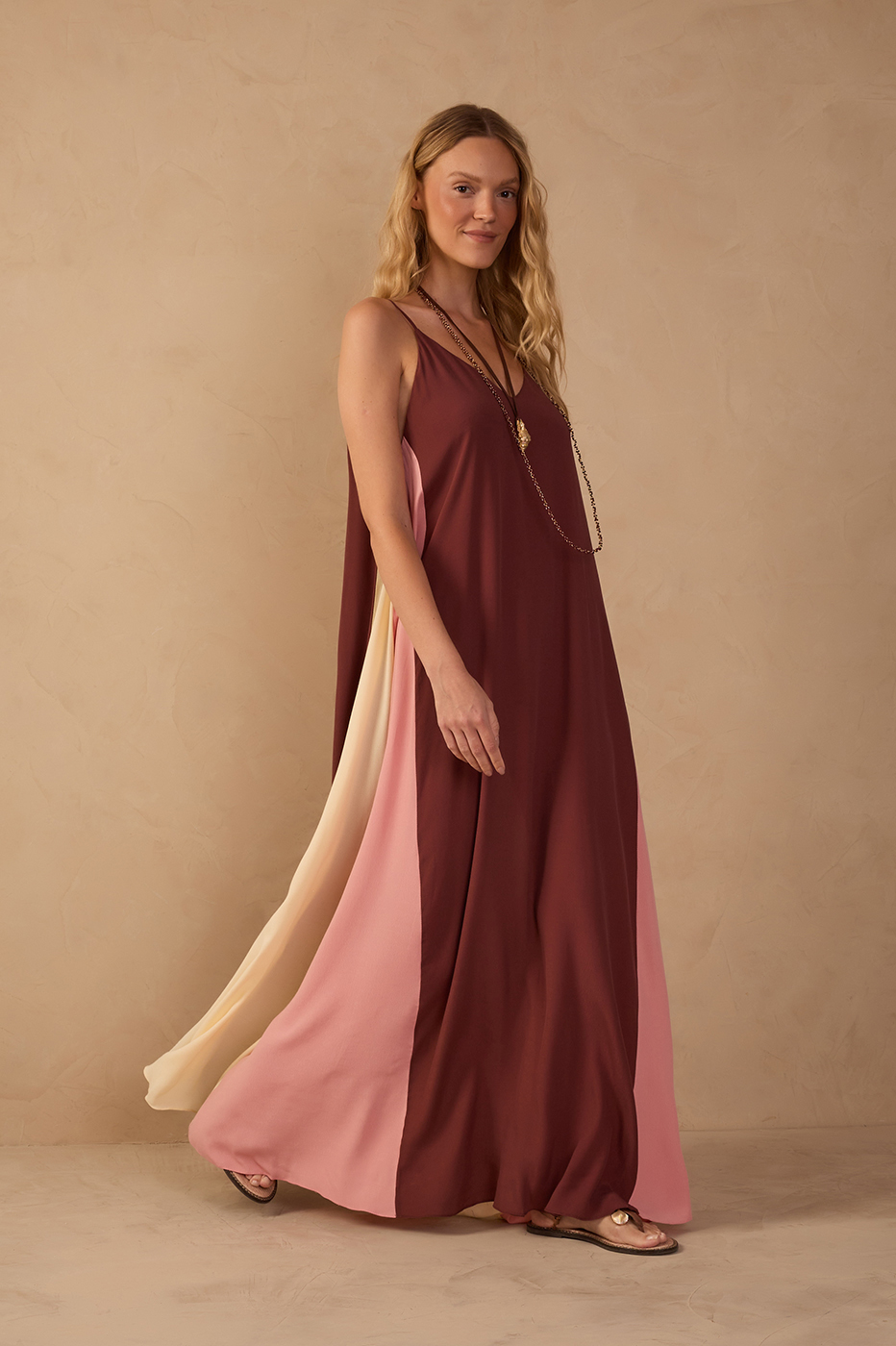 Brown V Neck Sleeveless Crepe Maxi Dress_1