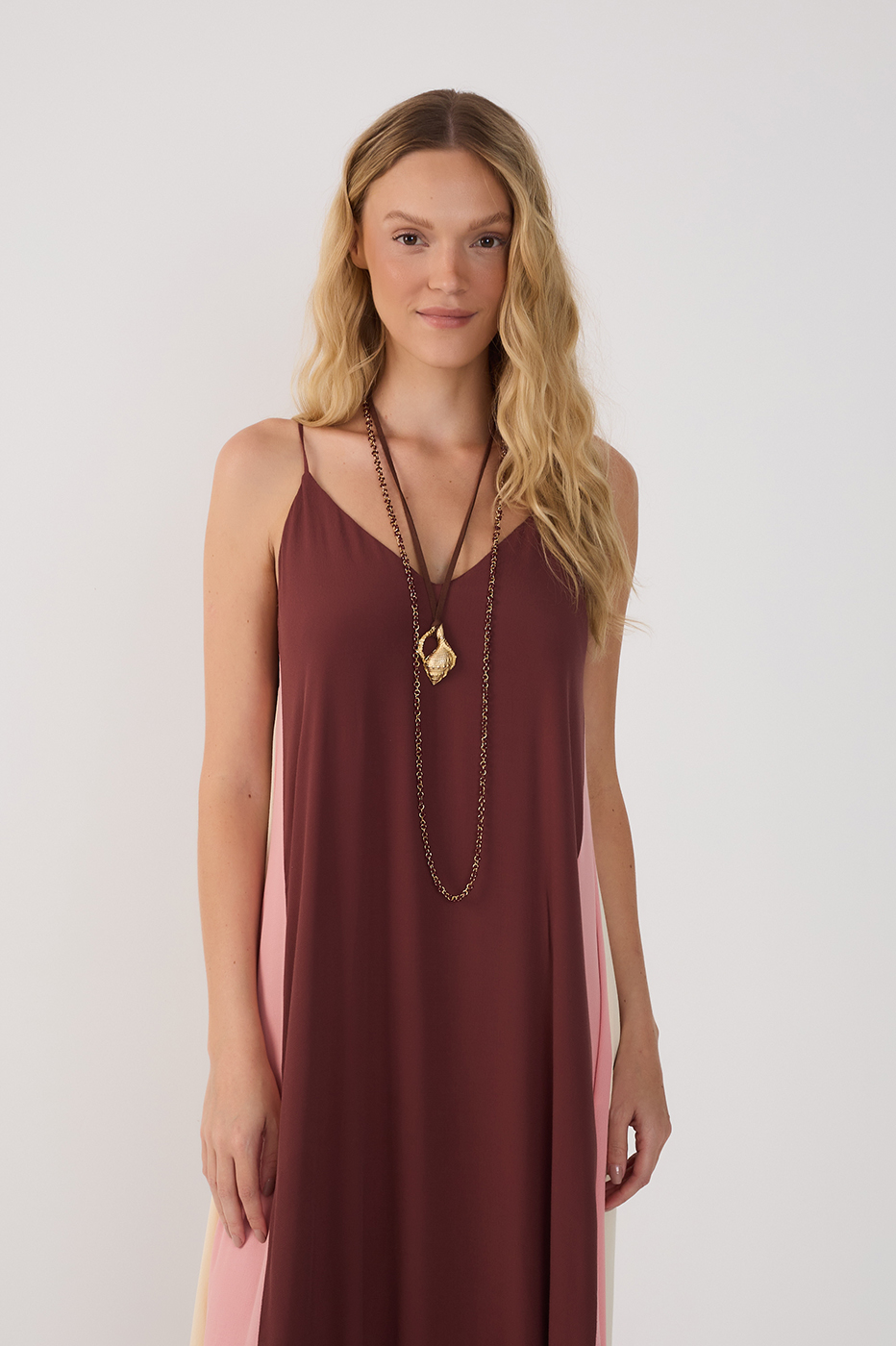 Brown V Neck Sleeveless Crepe Maxi Dress_3