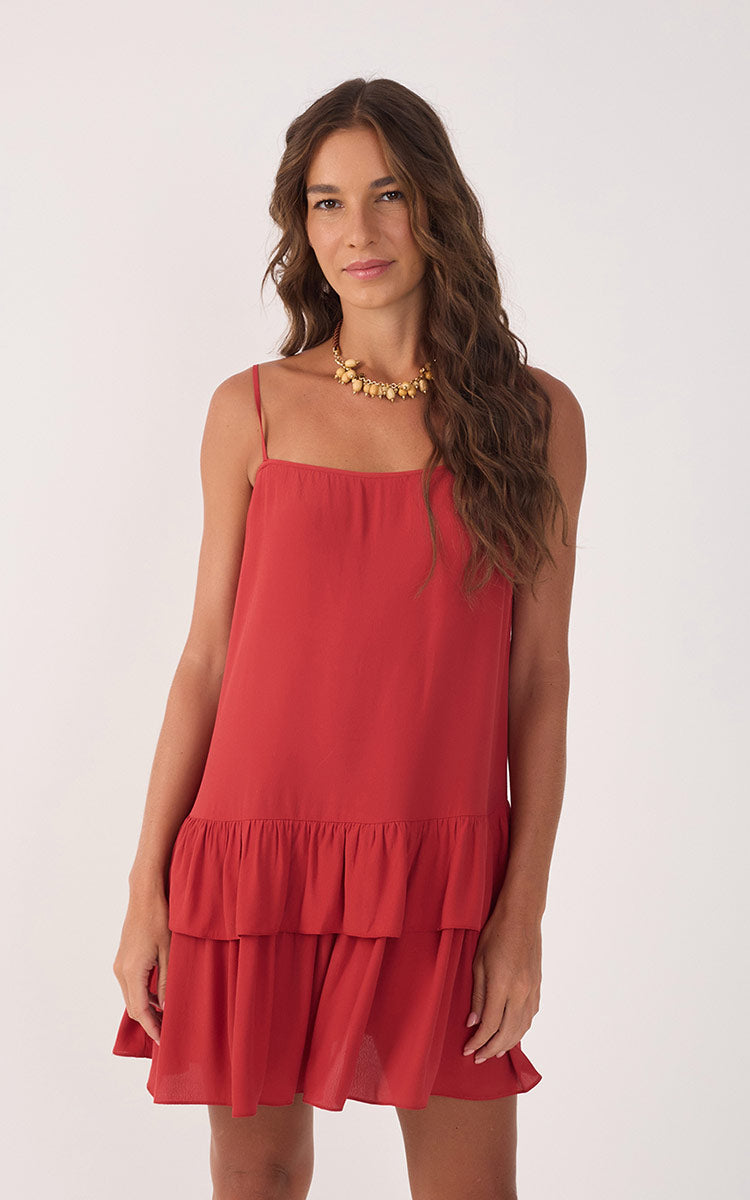 Red Sleeveless Layered Crepe Mini Dress_3
