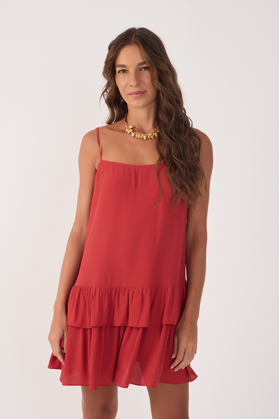 Red Sleeveless Layered Crepe Mini Dress