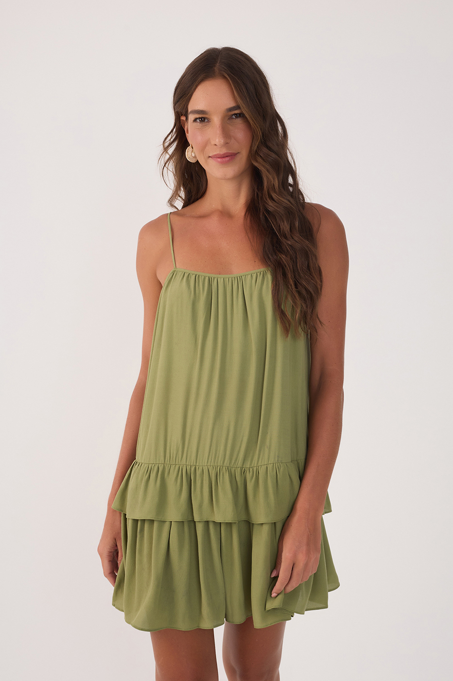 Green Sleeveless Layered Crepe Mini Dress_3