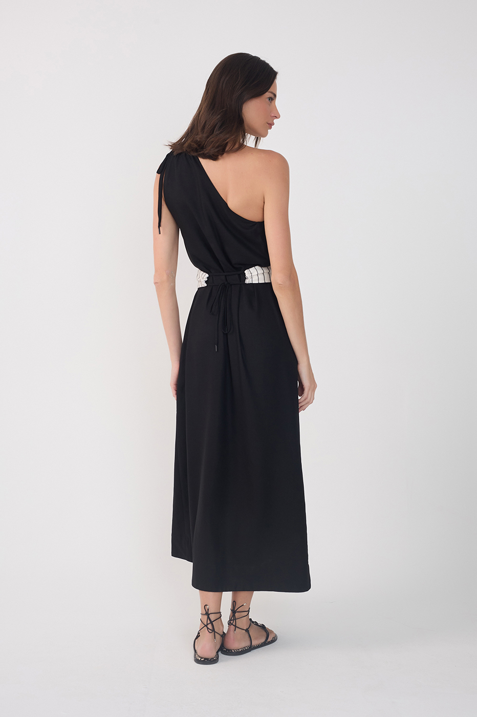 Black One-Shoulder Embroidered Midi Dress_6