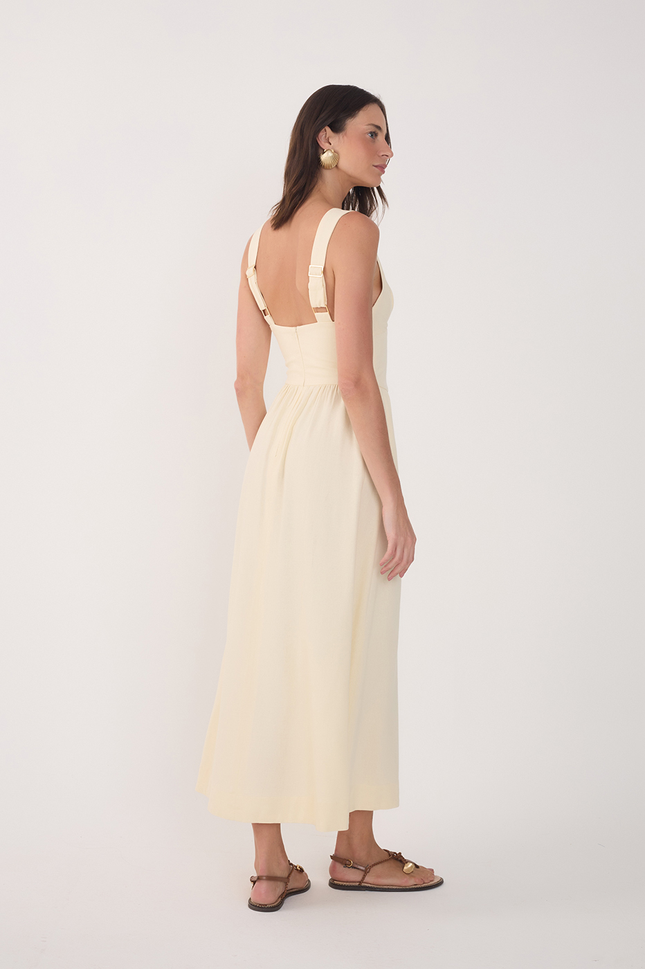 Beige Linen Cropped Large Yoke Dress_5