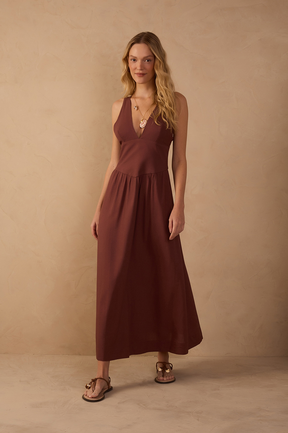 Brown Linen Cropped Large Yoke Dress_1
