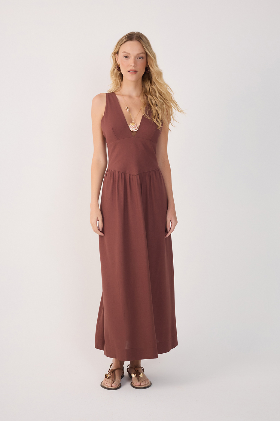 Brown Linen Cropped Large Yoke Dress_2