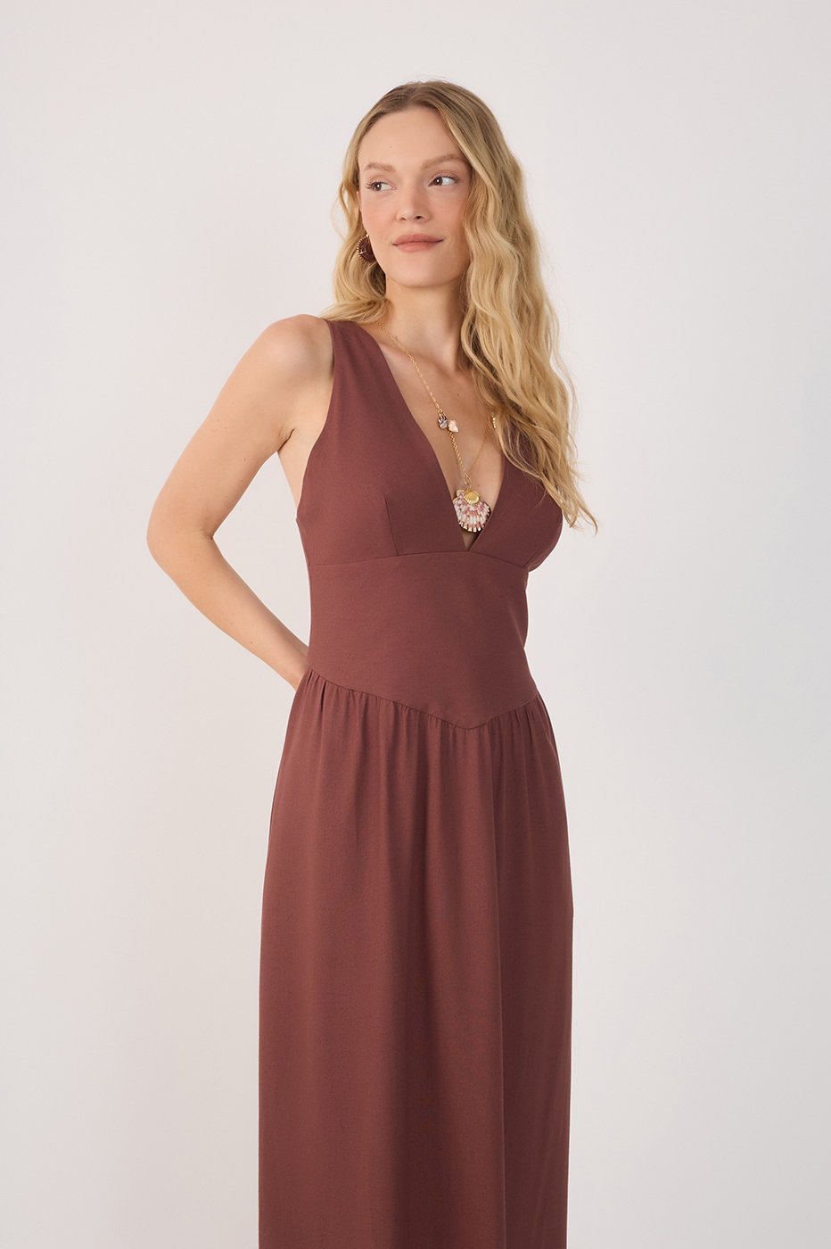 Brown Linen Cropped Large Yoke Dress_3
