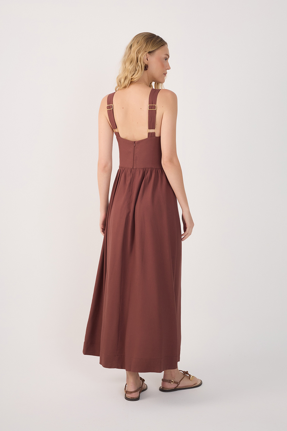 Brown Linen Cropped Large Yoke Dress_5