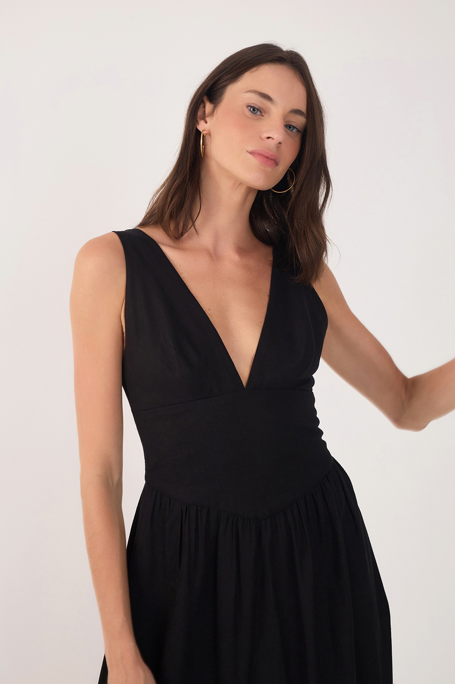 Black Linen Cropped Large Yoke Dress_4