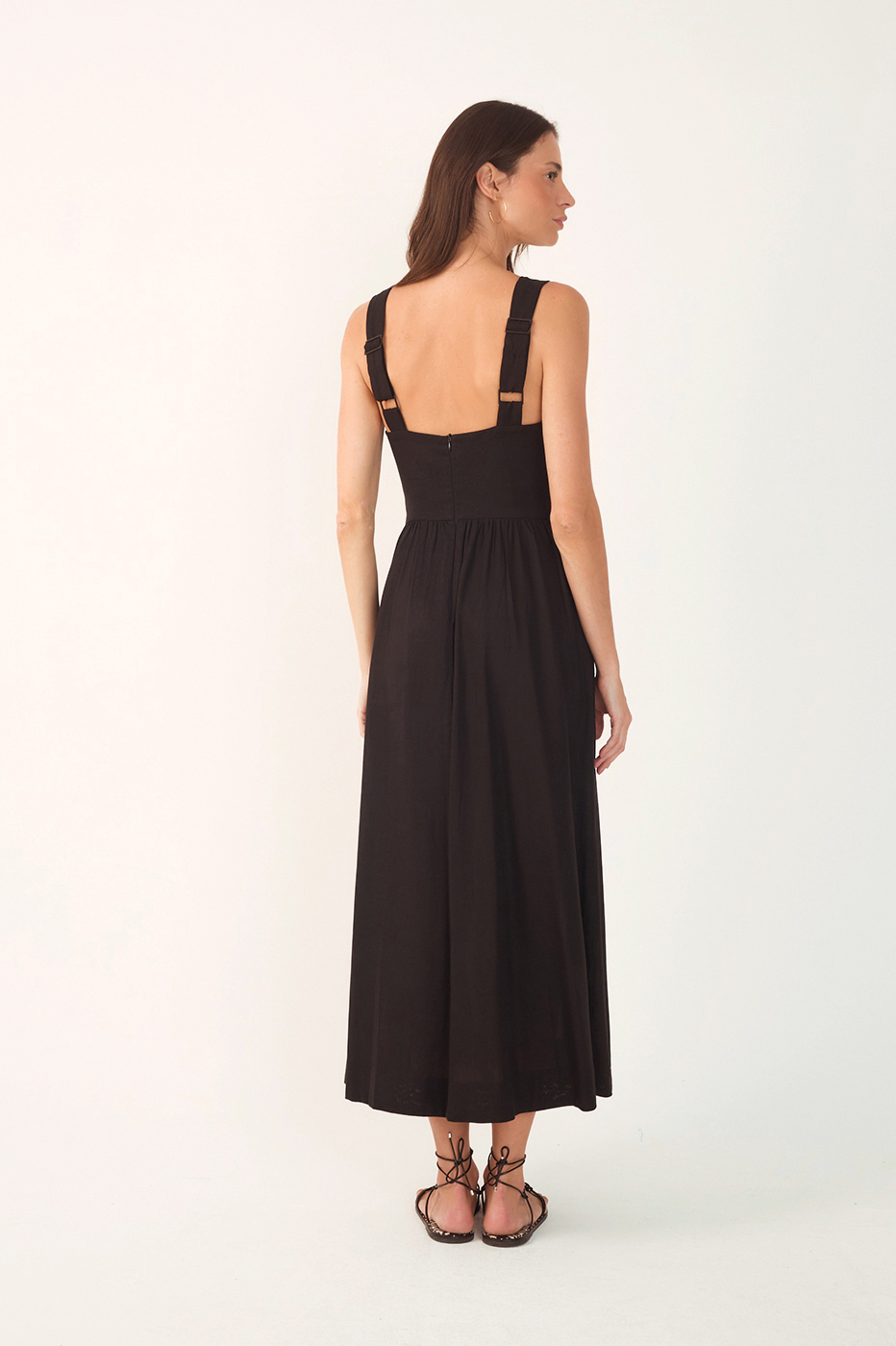 Black Linen Cropped Large Yoke Dress_6