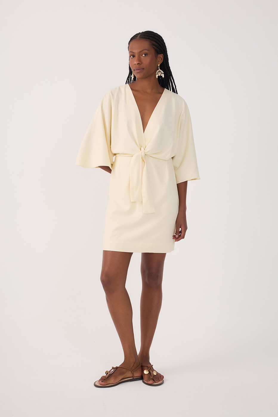 Beige Front Knot Kimono Sleeve Mini Dress_2