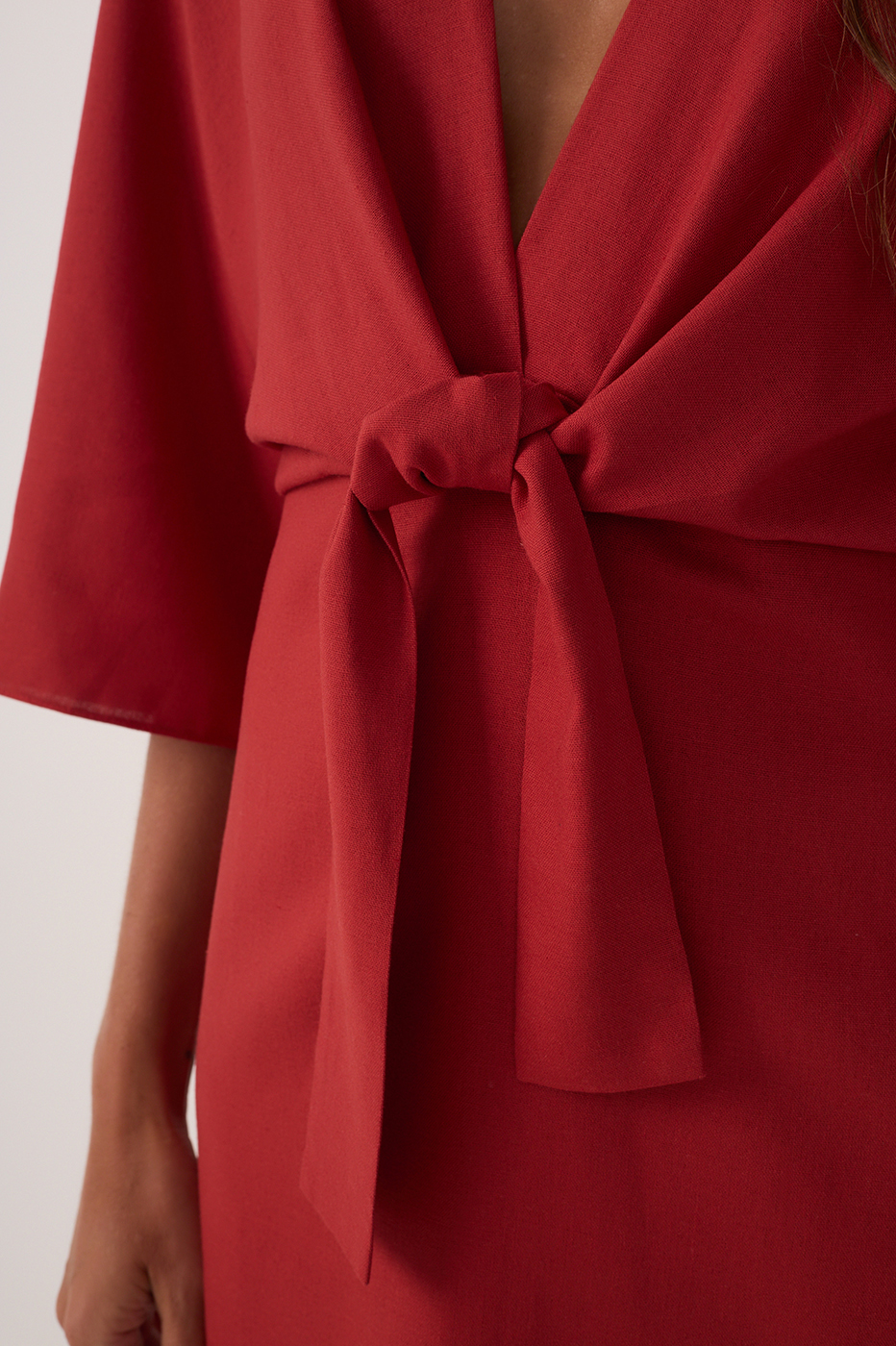 Red Front Knot Kimono Sleeve Mini Dress_5