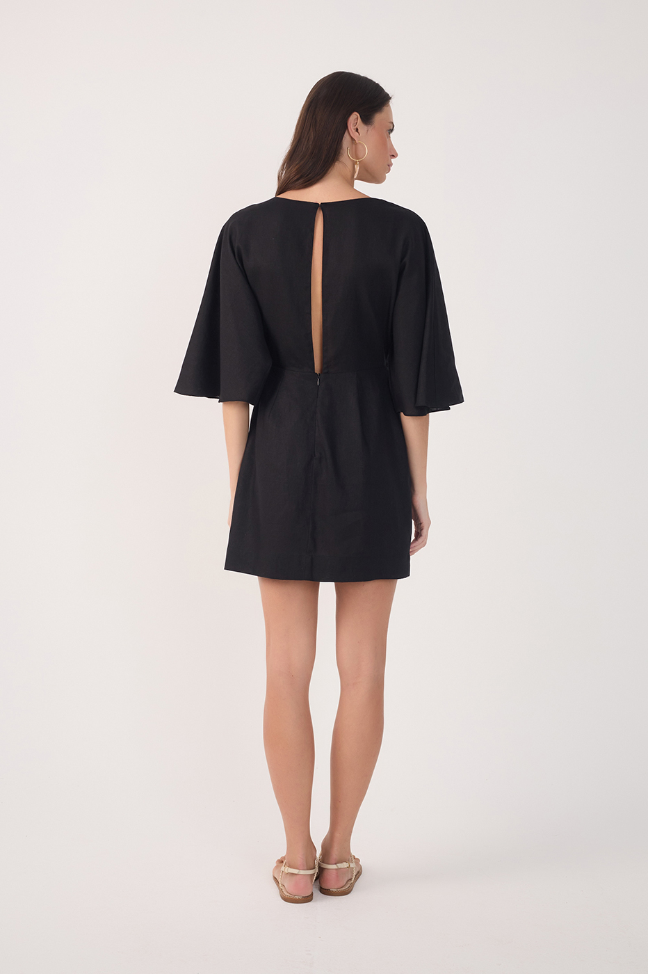 Black Linen Short Balloon Sleeve Dress_5