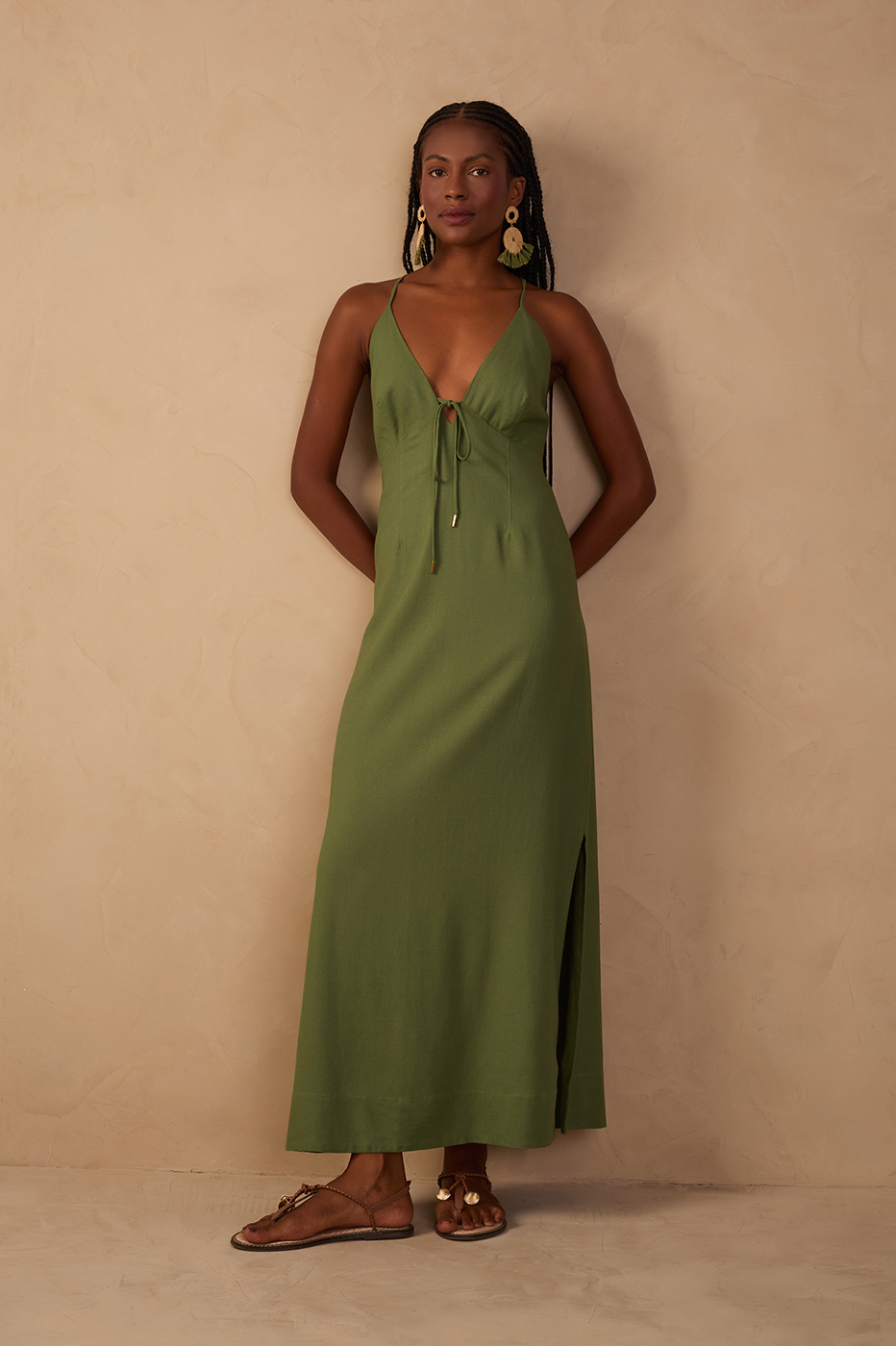 Green Front Ties Side Slits Midi Dress_1
