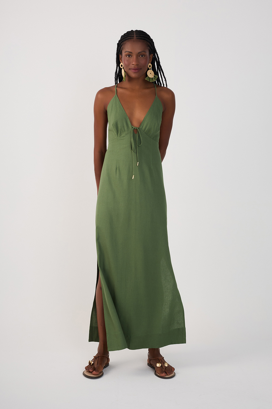 Green Front Ties Side Slits Midi Dress_2
