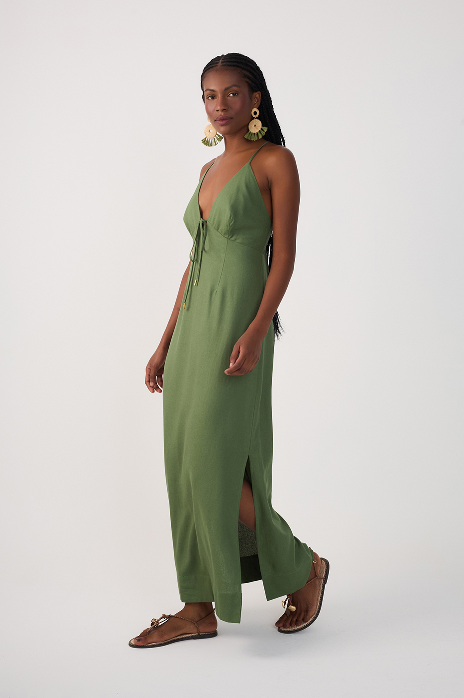 Green Front Ties Side Slits Midi Dress_3