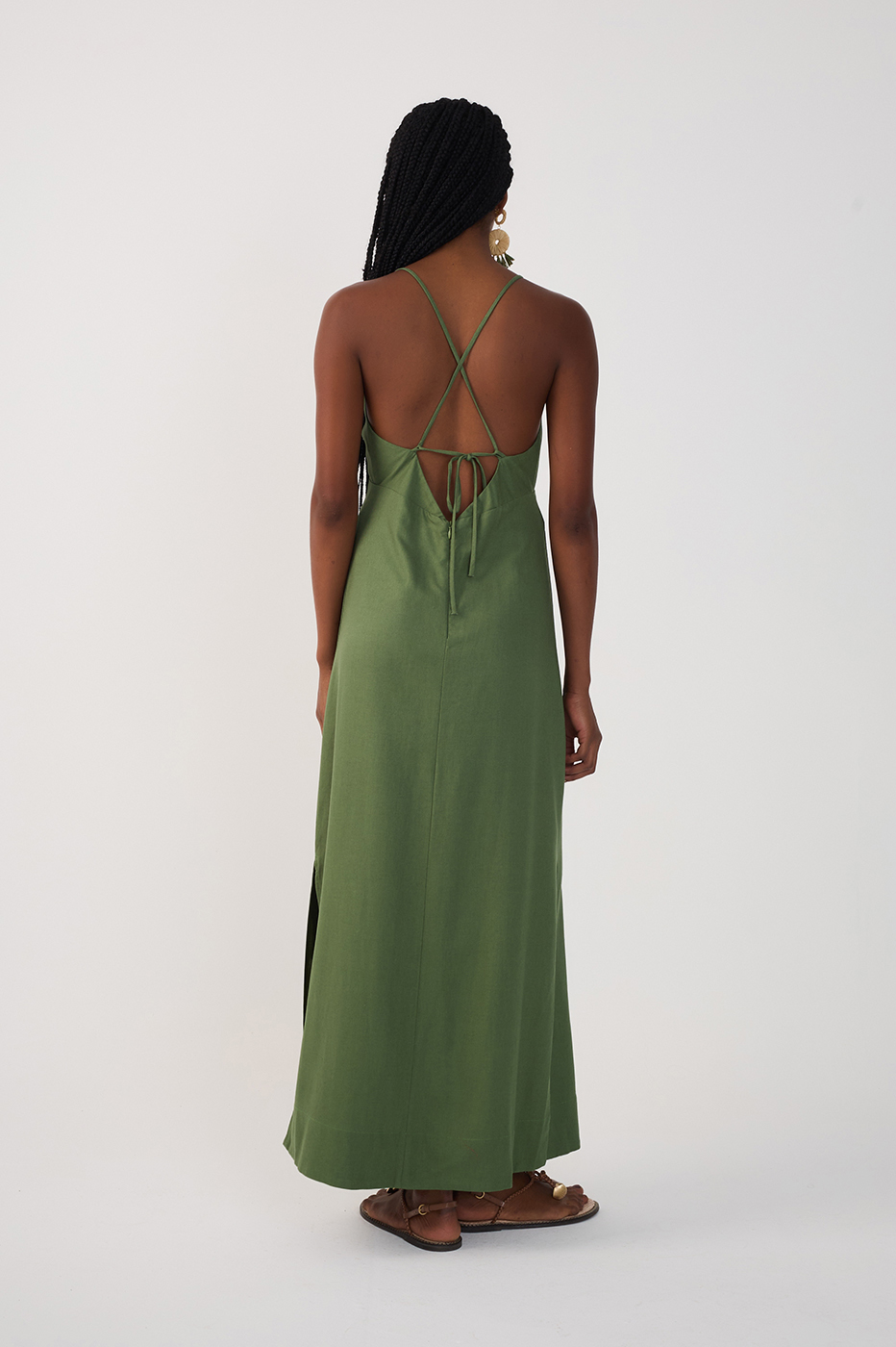 Green Front Ties Side Slits Midi Dress_6