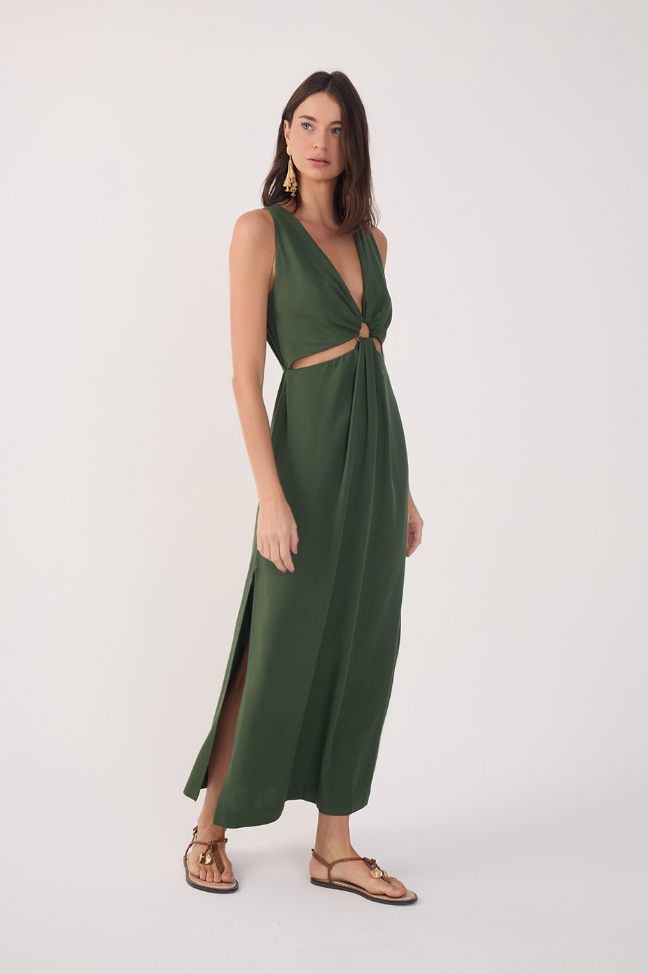Green Cut-Out Bodice Side Slits Maxi Dress_2