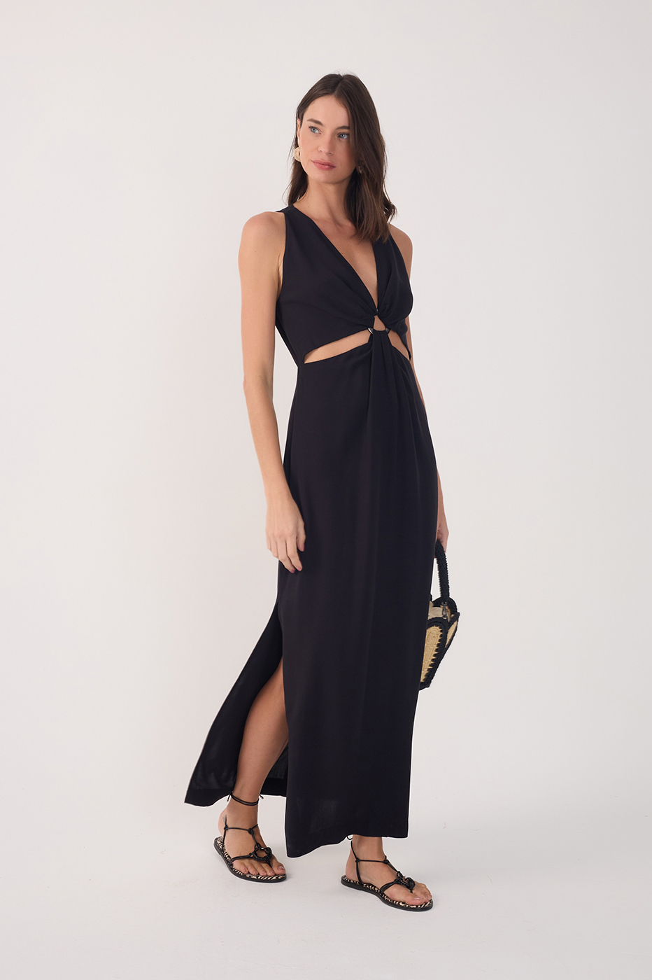 Black Cut-Out Bodice Side Slits Maxi Dress_2