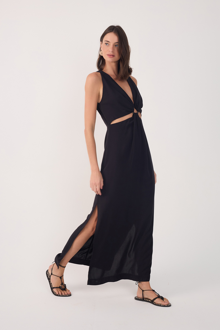 Black Cut-Out Bodice Side Slits Maxi Dress_3