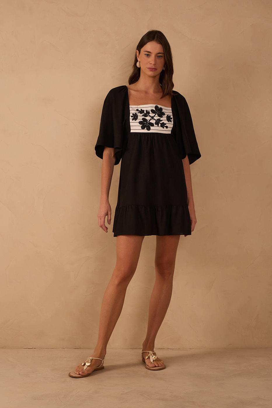 Black Embroidered Puff Sleeve Mini Dress_1