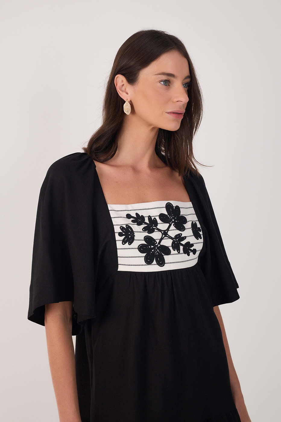Black Embroidered Puff Sleeve Mini Dress_4
