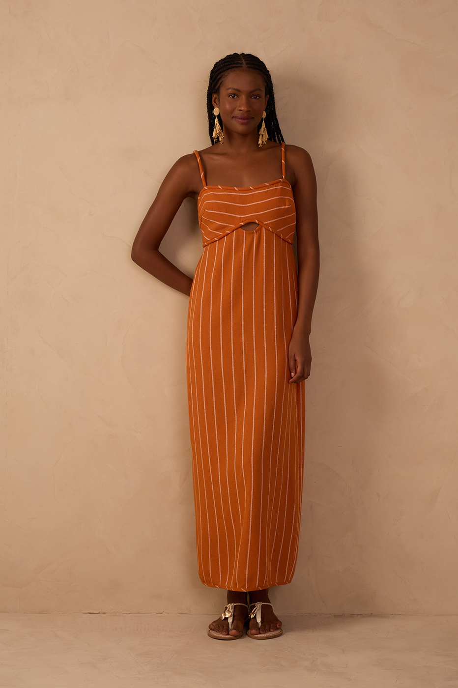 Ochre Striped Cut-Out Linen Midi Dress_1