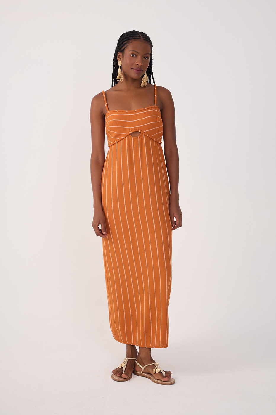 Ochre Striped Cut-Out Linen Midi Dress_2
