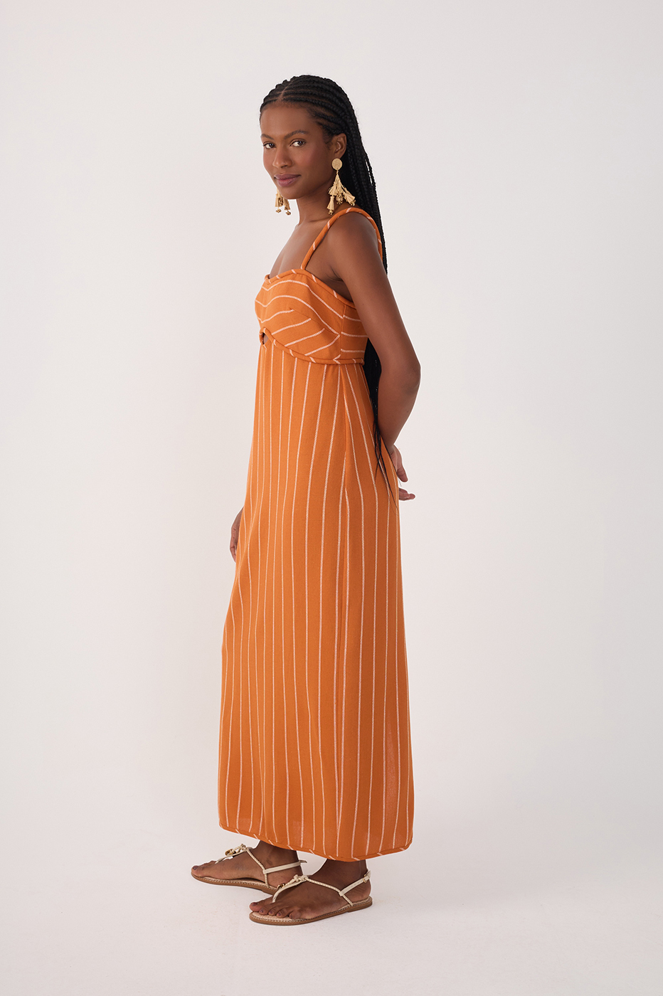 Ochre Striped Cut-Out Linen Midi Dress_3