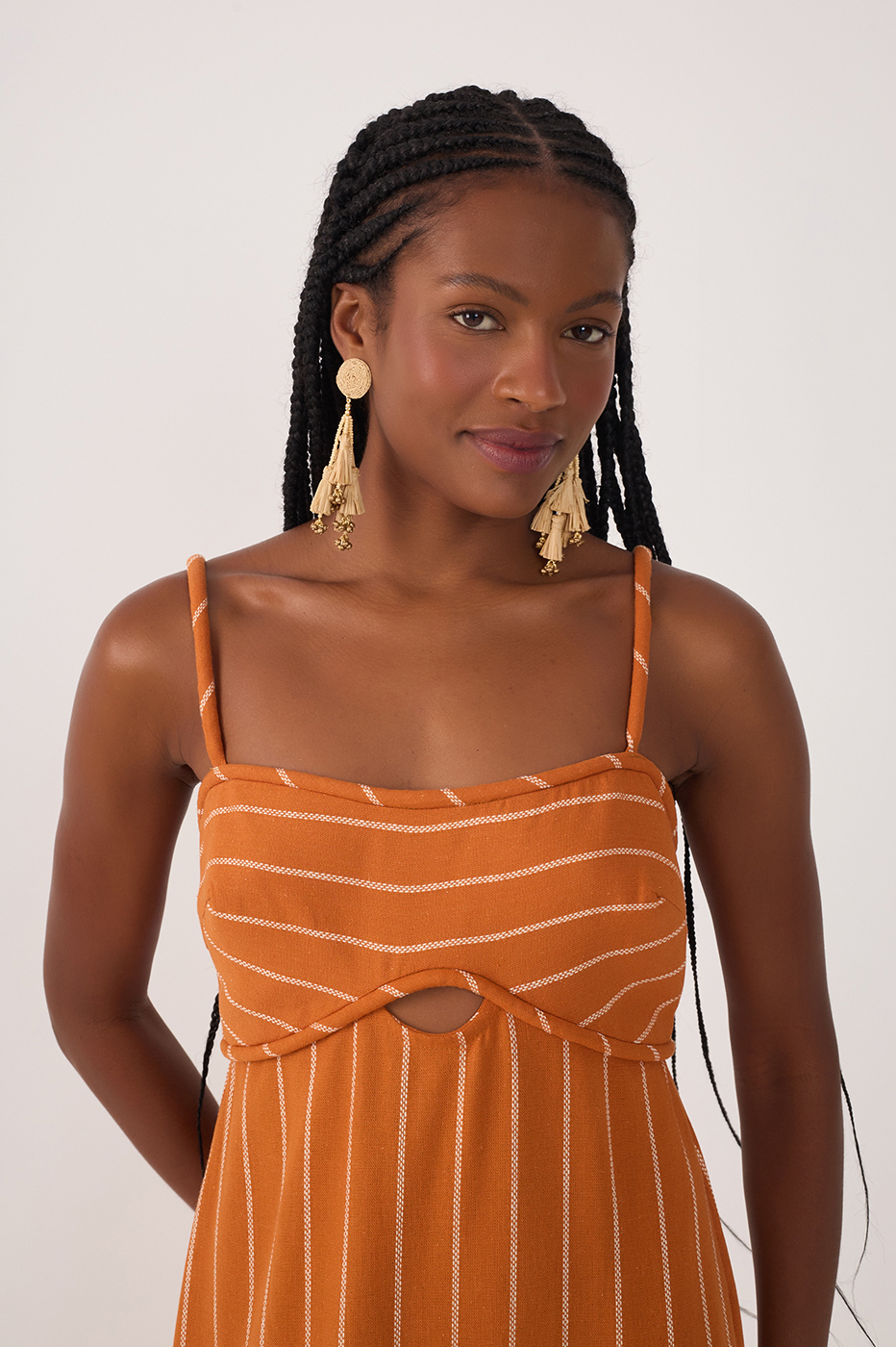 Ochre Striped Cut-Out Linen Midi Dress_4