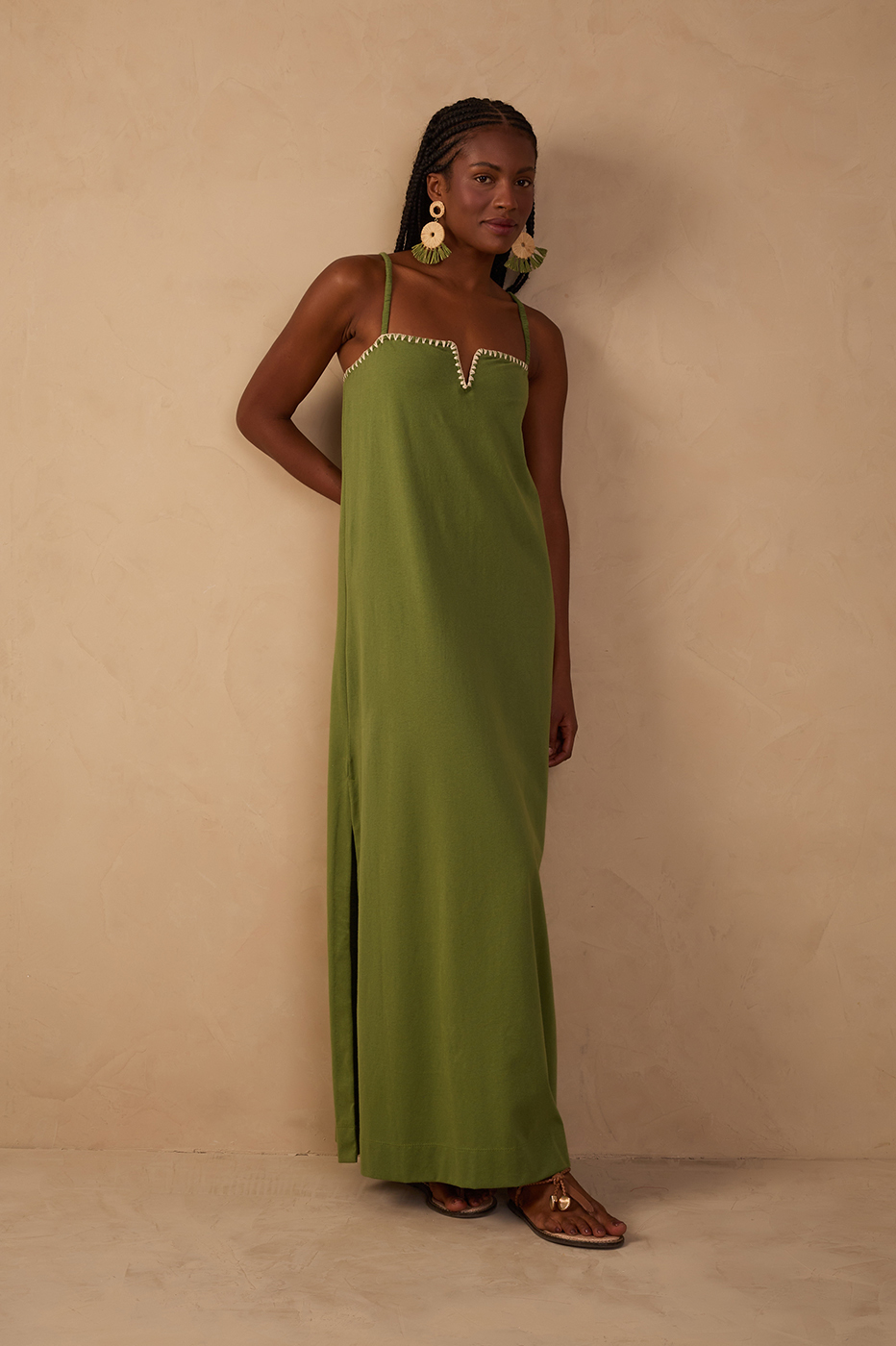 Green Embroidered Side Slits Maxi Dress_1
