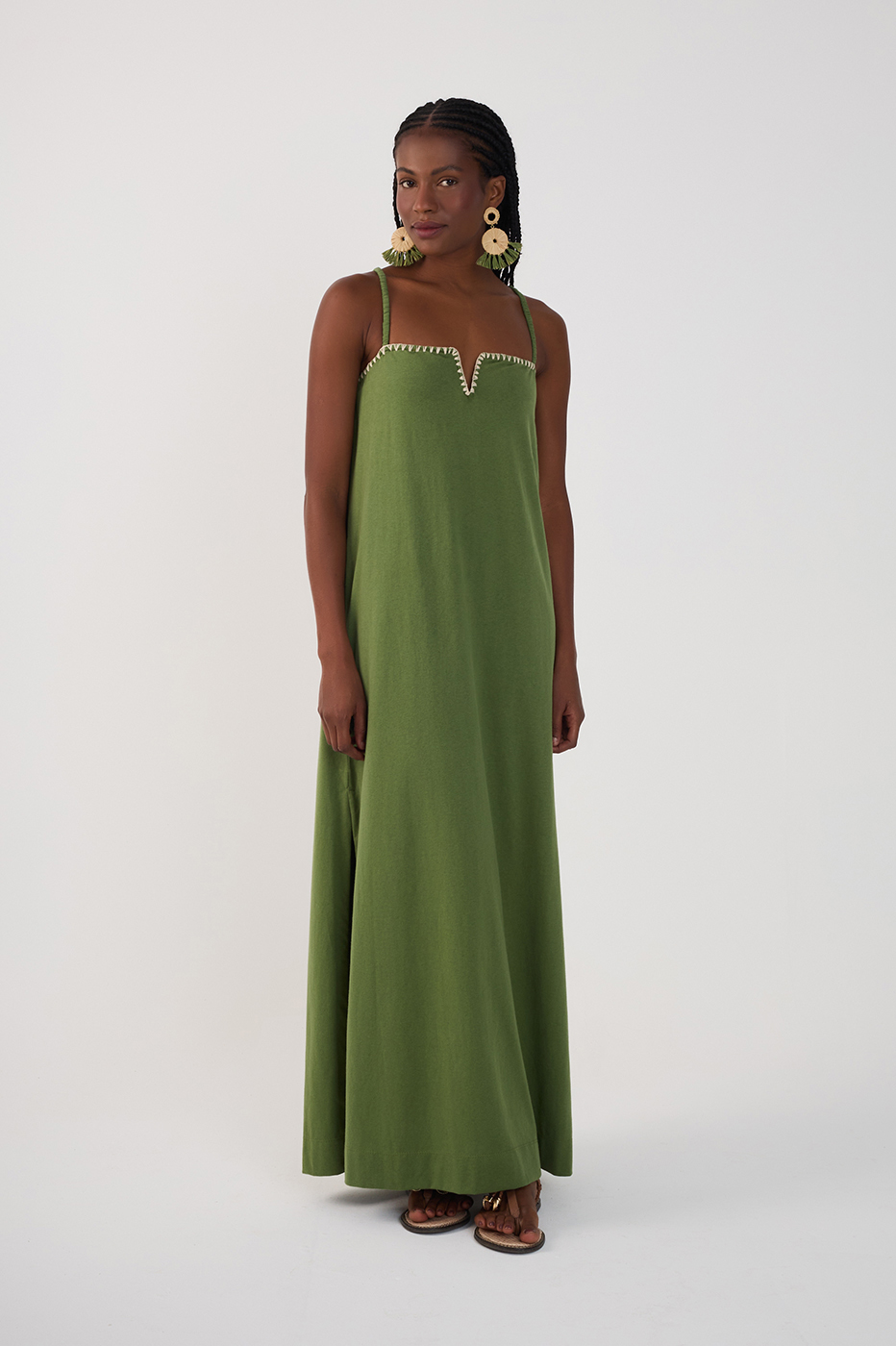 Green Embroidered Side Slits Maxi Dress_2