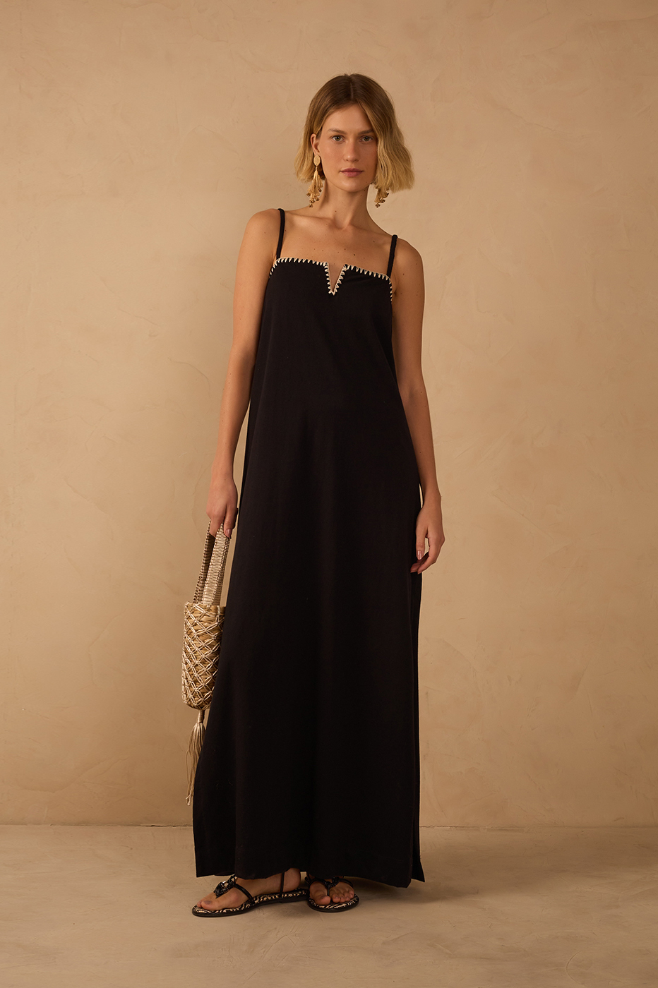 Black Embroidered Side Slits Maxi Dress_1