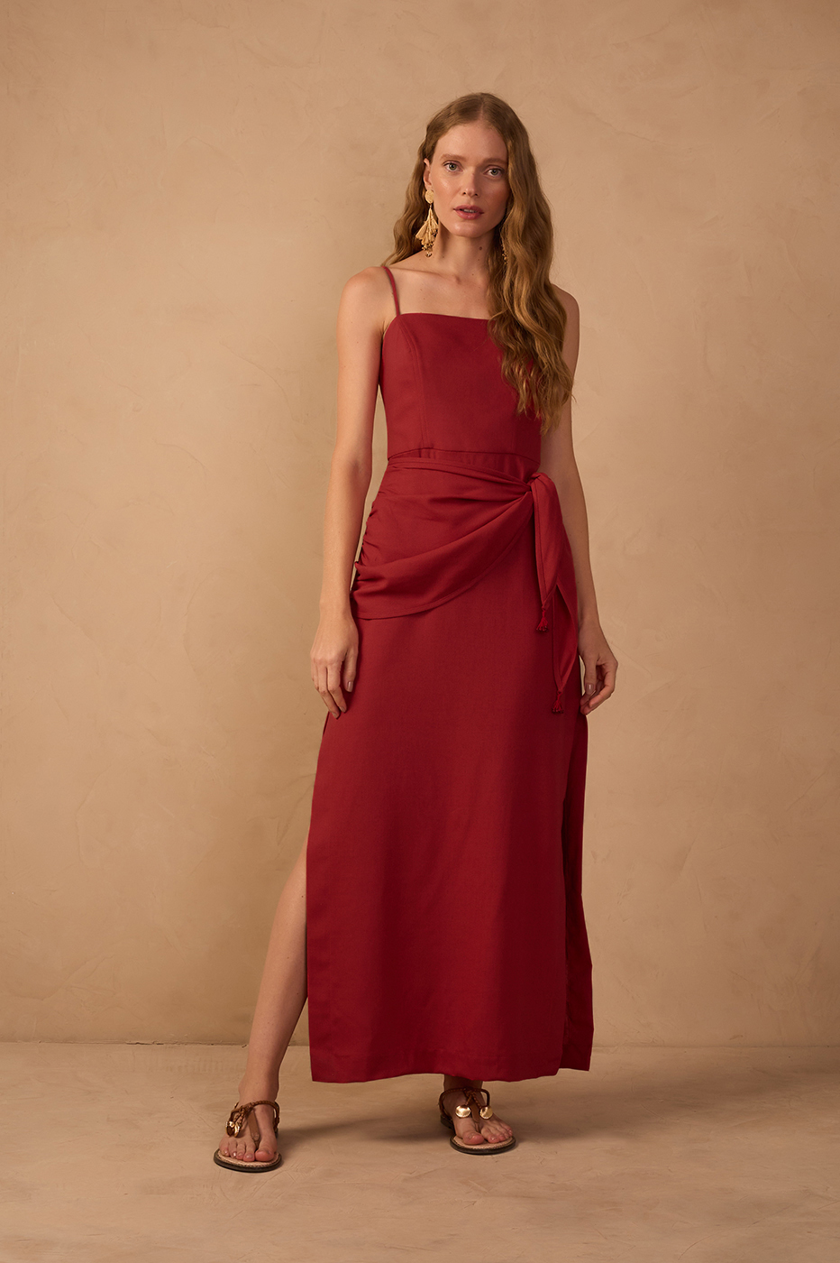 Red Wrap Waist Linen Maxi Dress_1