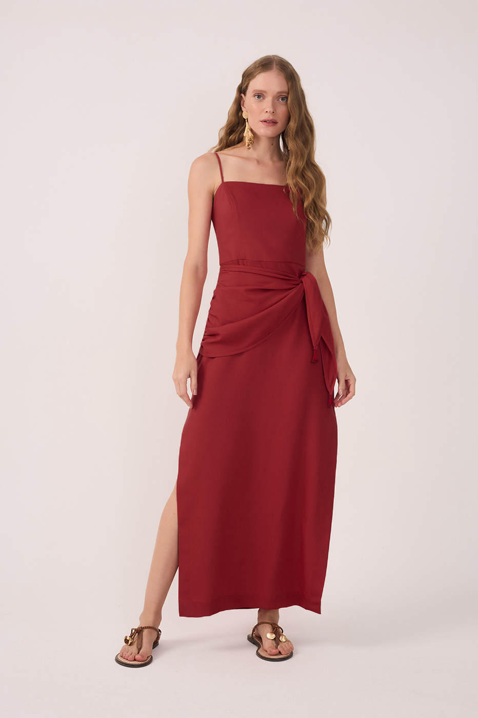 Red Wrap Waist Linen Maxi Dress_2