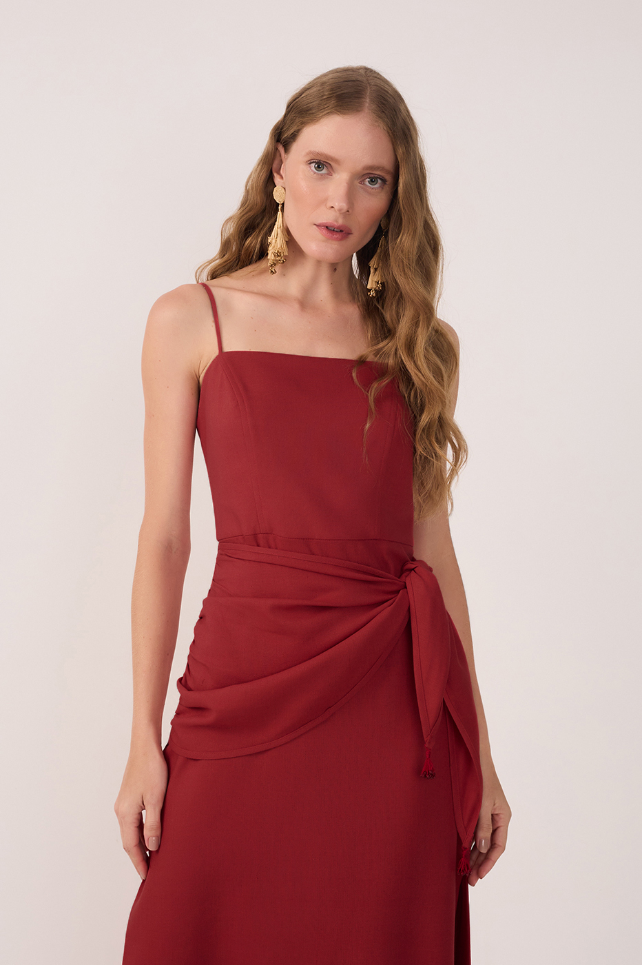 Red Wrap Waist Linen Maxi Dress_3