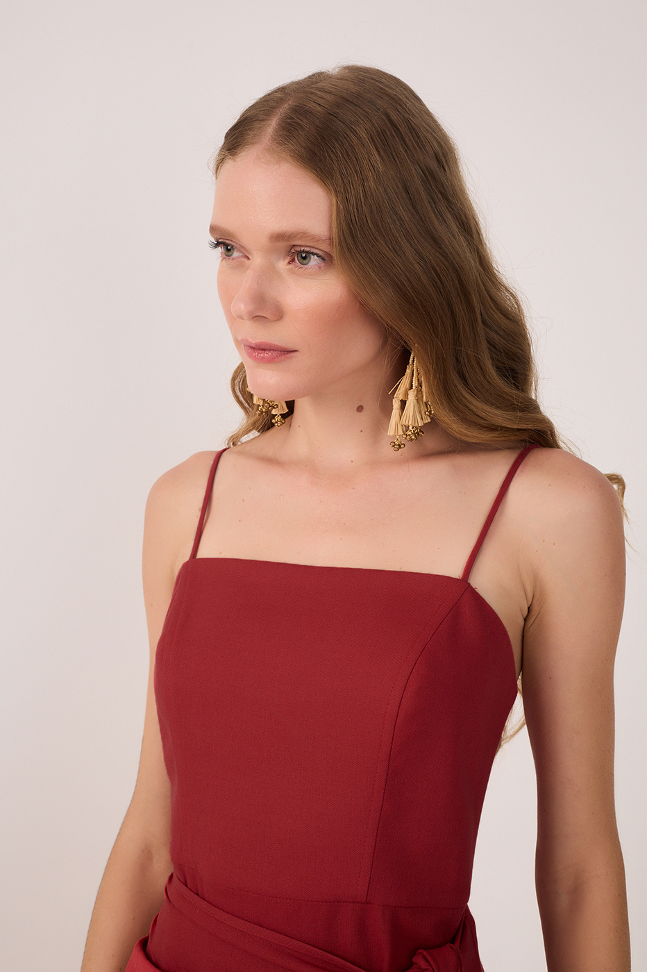 Red Wrap Waist Linen Maxi Dress_4