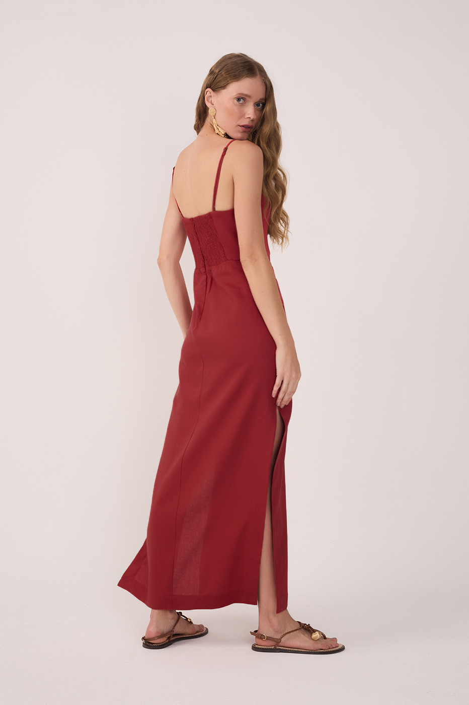 Red Wrap Waist Linen Maxi Dress_6