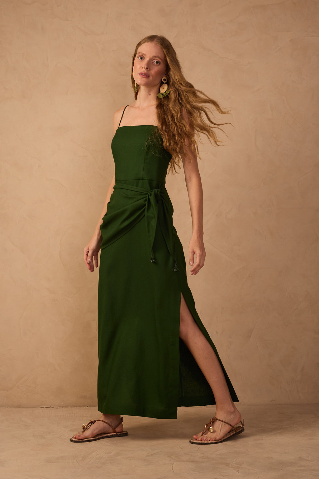Green Wrap Waist Linen Maxi Dress_1