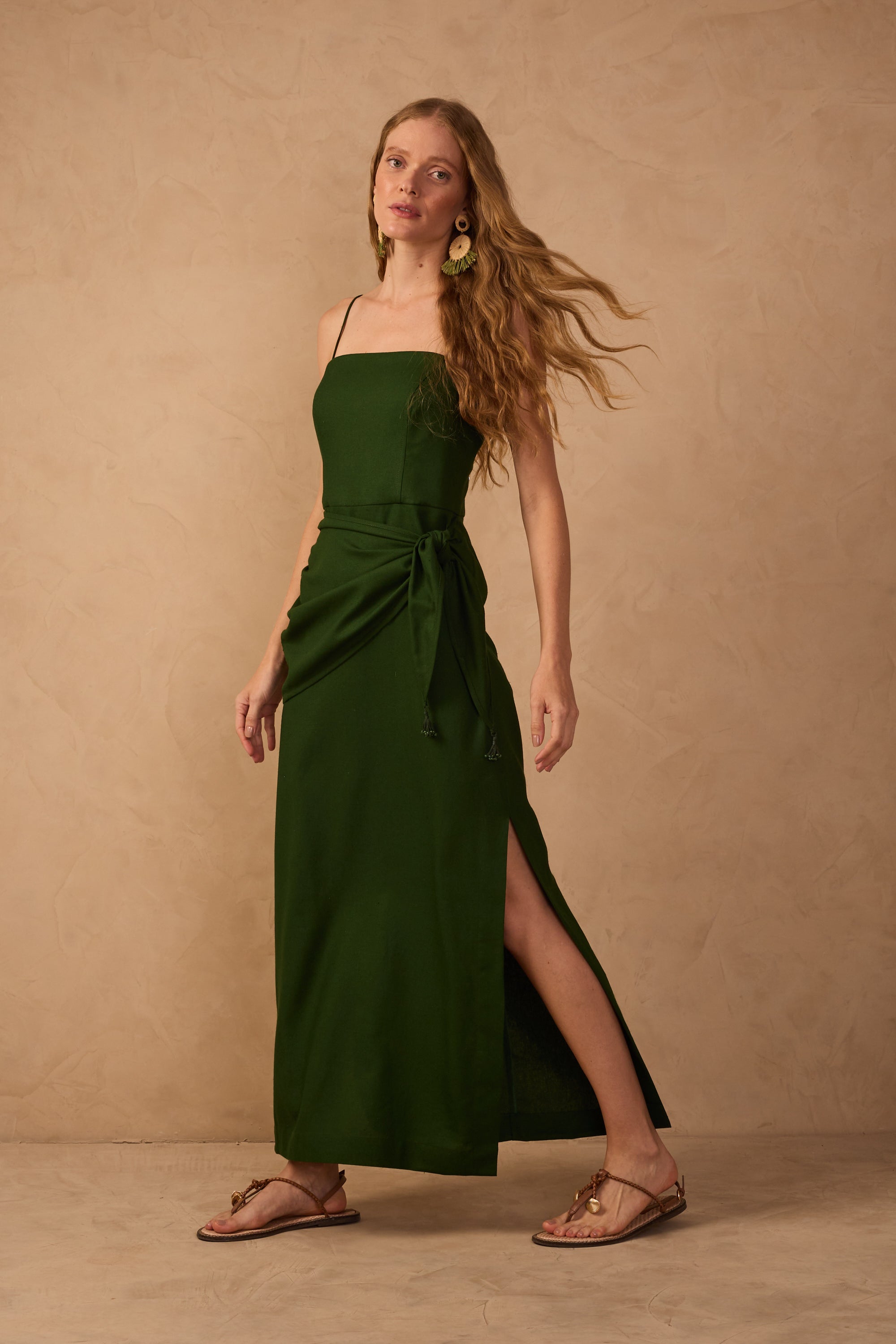 Green Wrap Waist Linen Maxi Dress_1
