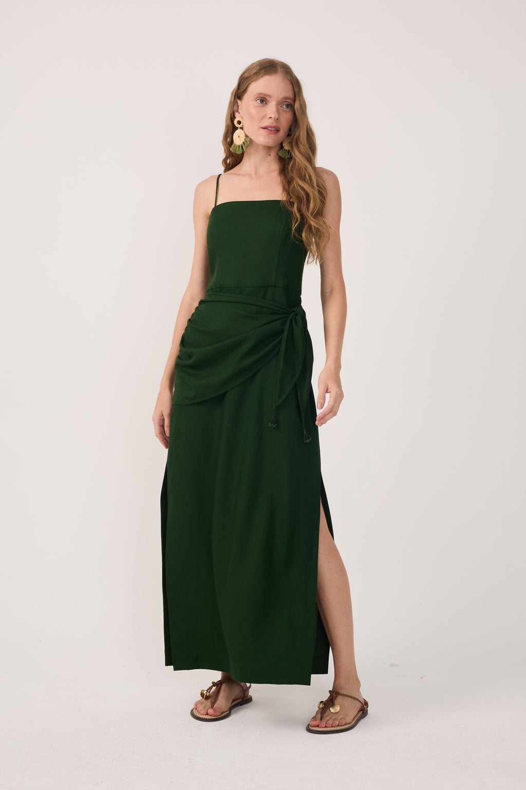 Green Wrap Waist Linen Maxi Dress_2