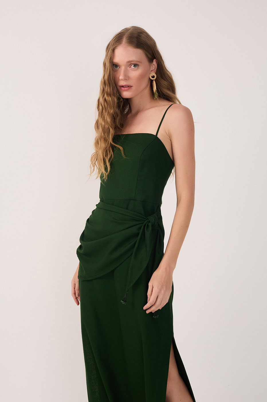 Green Wrap Waist Linen Maxi Dress_3