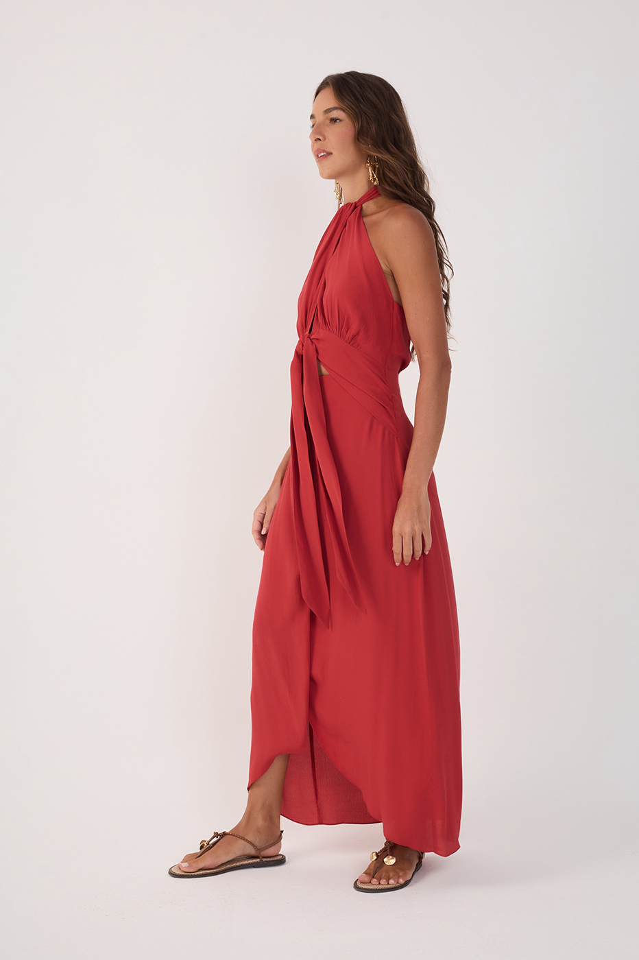 Red Ruched Cut-Out Ties Crepe Midi Dress_3