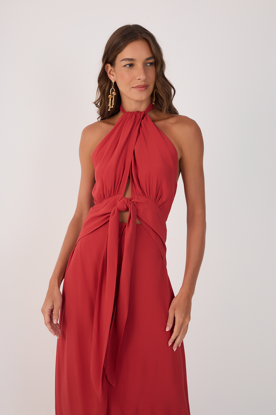 Red Ruched Cut-Out Ties Crepe Midi Dress_4