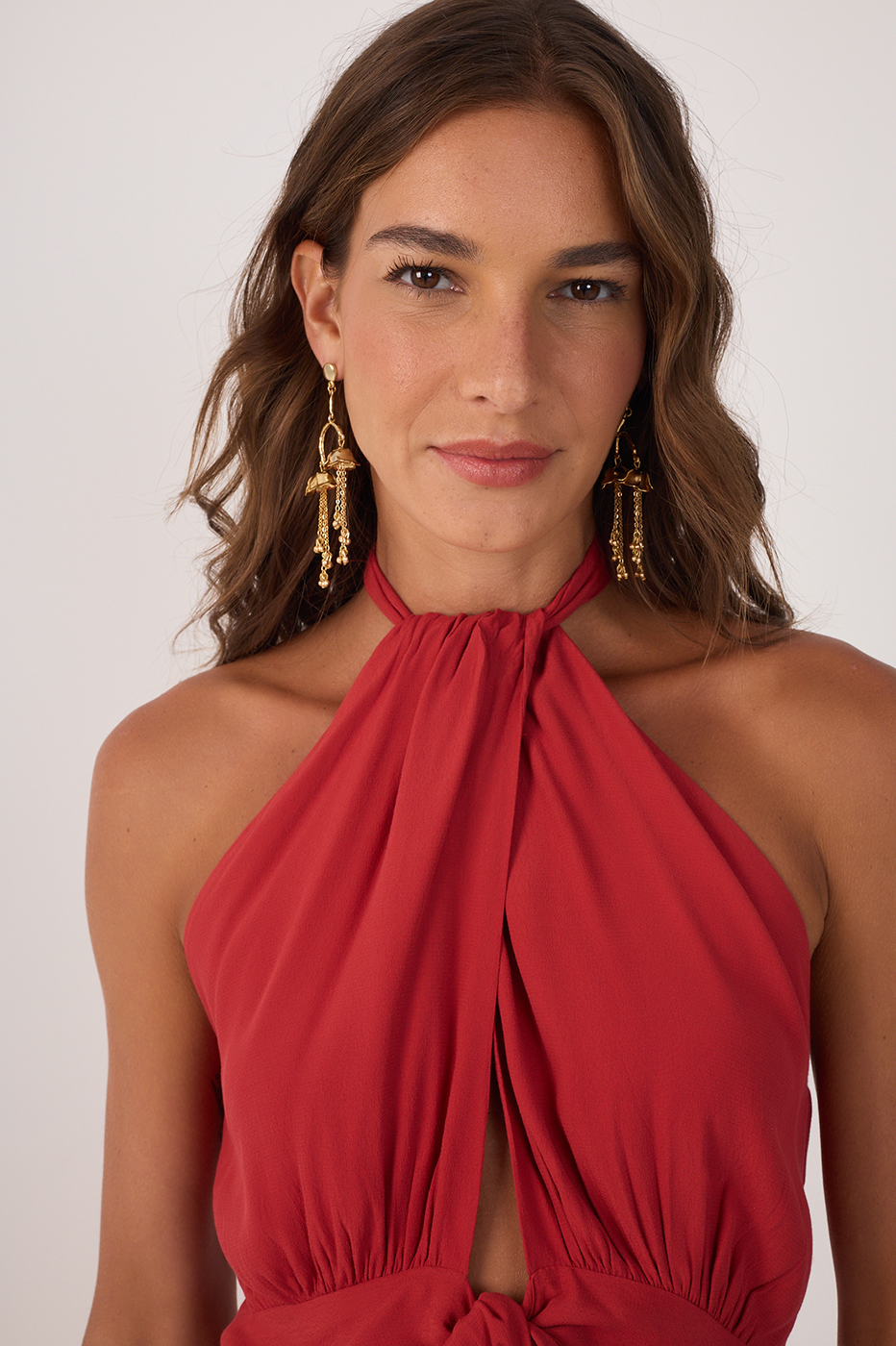 Red Ruched Cut-Out Ties Crepe Midi Dress_5